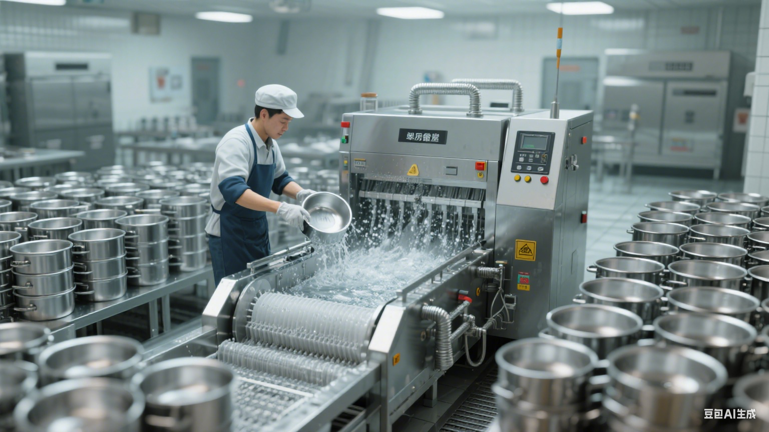 在餐饮行业、食品加工车间、单位食堂等场景中，铝锅因导热快、重量轻、成本低等特点被广泛使用，但铝锅使用后易残留食物焦糊、油污，且人工清洗难度大、易损伤锅体(2)